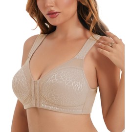 HACI Women's Front Closure Posture Bra Full Coverage Back Support Wireless Unpadded(Beige,38DDD)