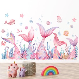 DTLIFEK Mermaid Tail Wall Decals Under The Sea Seaweed Wall Stickers Watercolor Sea Life Fish Grass Jellyfish Art Ocean Animal Vinyl Removable Wall Murals for Kids Bedroom Nursery Decoration 2565