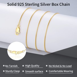Jewlpire 18K Over Gold Chain Necklace for Women Girls- 0.8mm Box Chain 925 Sterling Silver Chain Super Thin & Sturdy Women's Chain Necklaces 16 Inch