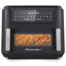 Elite Gourmet EAF1055D Dual Zone Air Fryer Oven, 11QT. Capacity with Divider, Sync Finish, Dishwasher Safe Basket, 10 Preset Functions, 1600-Watts, with Recipe Booklet, Black