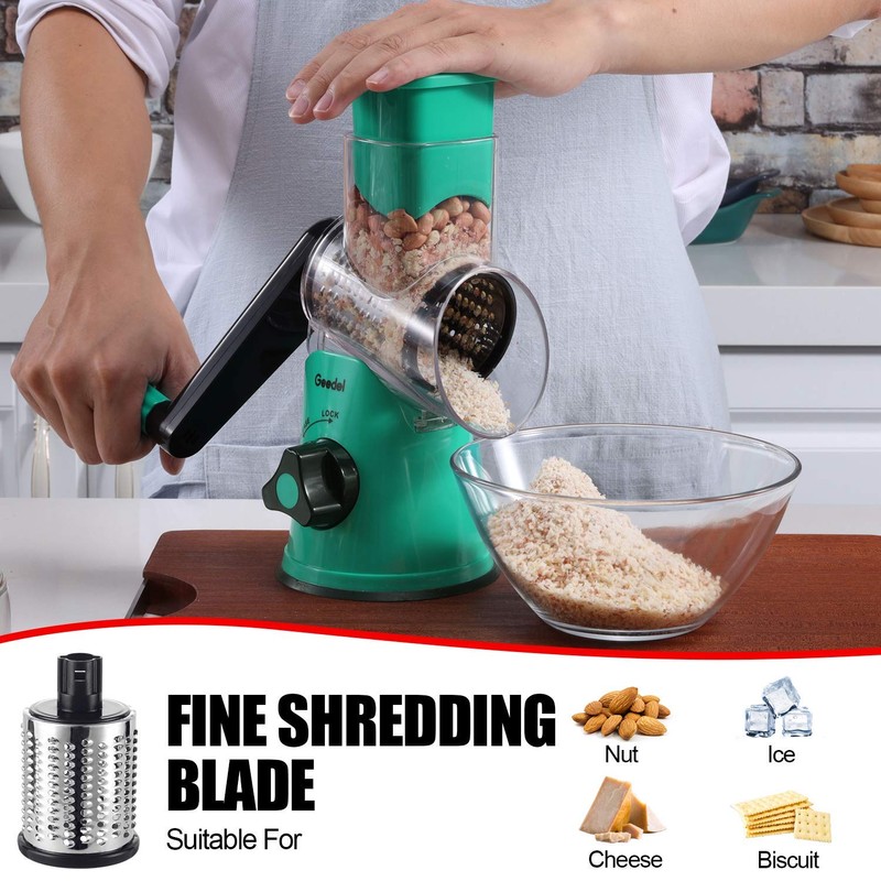 Geedel Rotary Cheese Grater with 3 Interchangeable Blades, Kitchen Mandoline