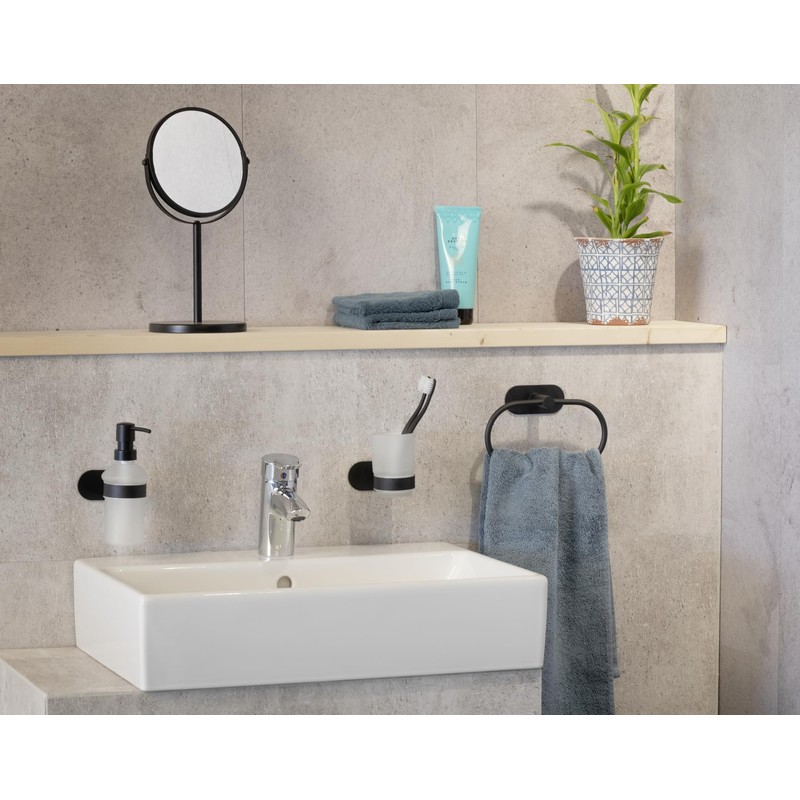 WENKO Turbo-Loc Orea Black Matt Towel Ring, No Drilling Required,