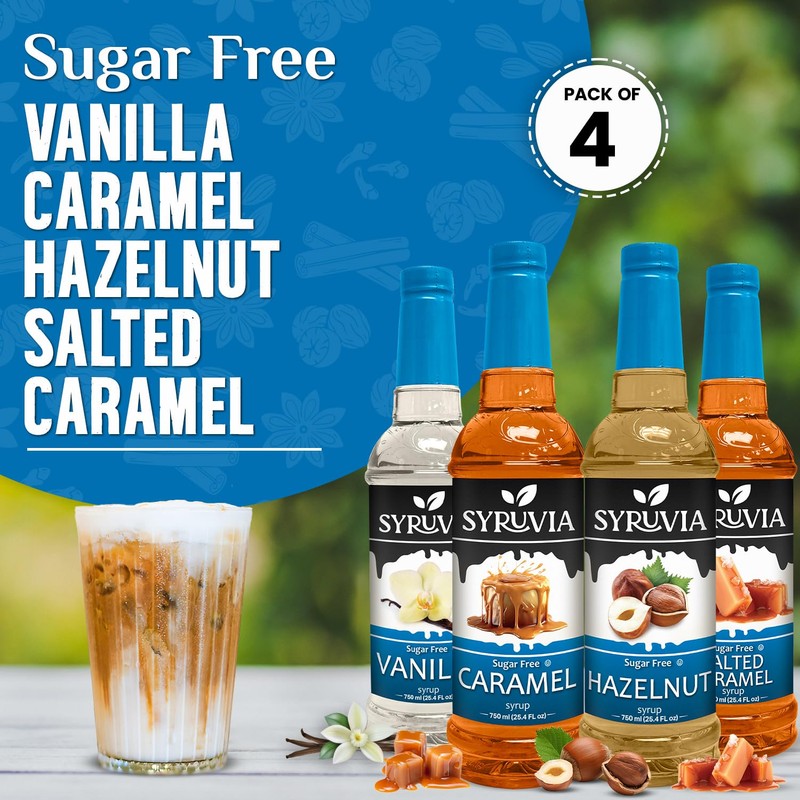 Syruvia Coffee Syrup Variety Pack Sugar Free Vanilla, Caramel, Hazelnut