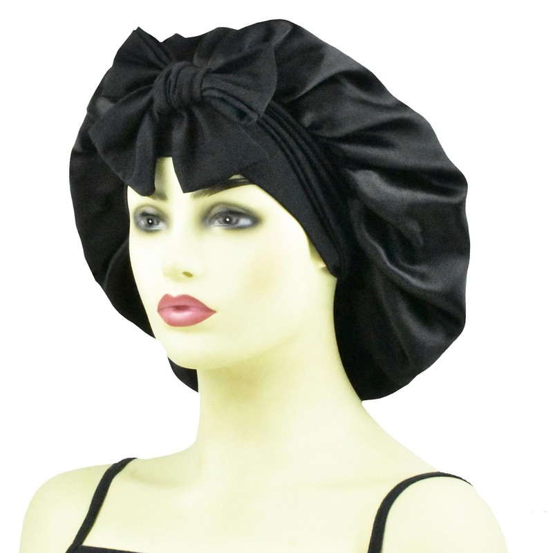Black Double Layer Silk Bonnet for Sleeping Women Long Curly