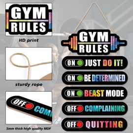 KAIRNE Gym Room Inspirational Sign for Workout Room Decor,Exercise Motivational Posters,Fitness Rules for Gym Wooden Plaque Sports Decor,Boys Bedroom Gym Sign Hanging Decor(12X2.3x5+12x4.7x1 inch)