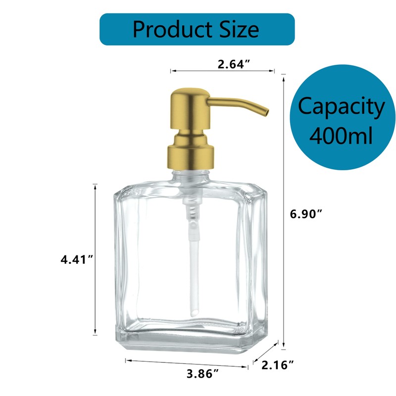 JINCROP 13.5 OZ Glass Soap Dispenser- 2 Pack with Brushed