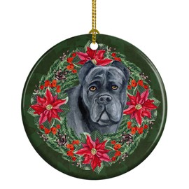 Caroline's Treasures Cane Corso Poinsetta Wreath Ceramic Ornament Christmas Tree Hanging Decorations for Home Christmas Holiday, Party, Gift, 3 in, Multicolor