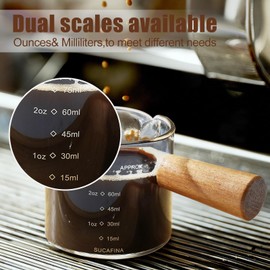 2 Pack Espresso Cups with Wood Handle, 75ML Double Spout Glass Measuring Cup with Dual Scale, Espresso Shot with V-Shaped Mouth, Clear Glass Espresso Accessories, Milk Frothing Pitcher