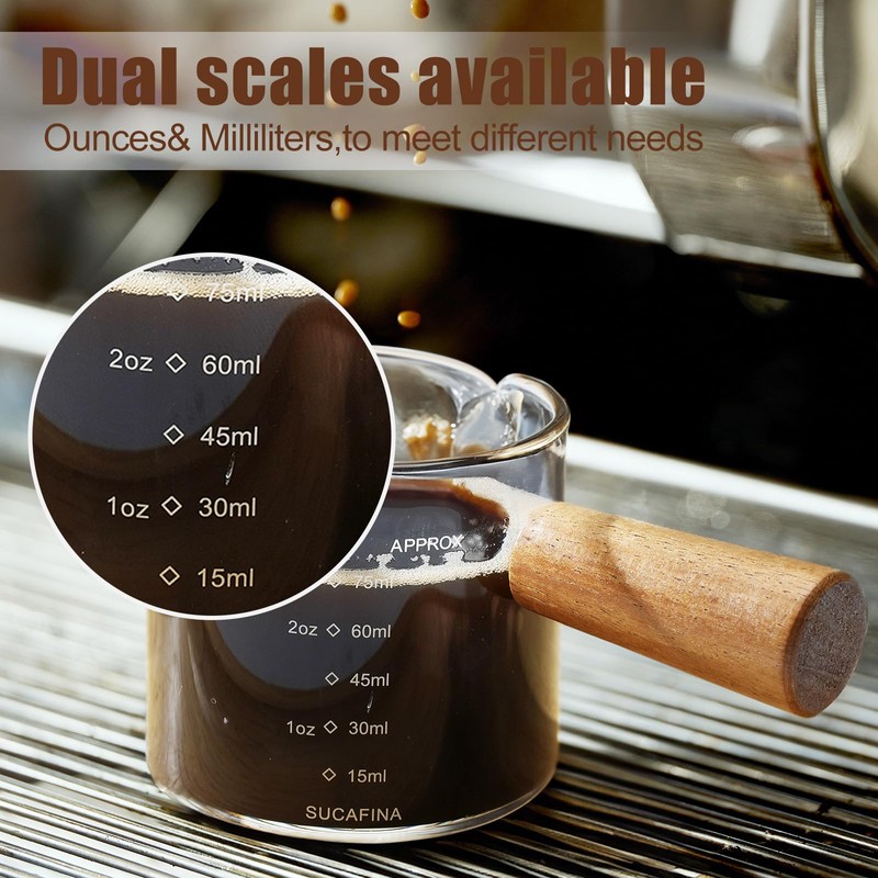 2 Pack Espresso Cups with Wood Handle, 75ML Double Spout