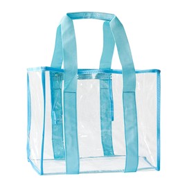 Clear PVC Tote Bag, Waterproof Beach Bag, 13.78x11.8x6.89 inches, Blue Trim, Transparent Stadium Pool Bag (Blue)