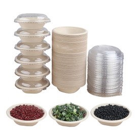 JAYEEY 12 oz Round Disposable salad bowls with lids, Sugarcane Fiber Paper Bowls take away food containers Plant Fibers Freezer Safe 50 Pack