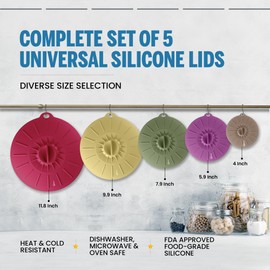 Silicone Lids for Food Storage - 5 Pack - 5 Sizes - Reusable Silicone Bowl Covers for Pots and Pans - Microwave Splatter Cover - Fits Cups, Plates, Pans, Skillets -Stove, Oven, Fridge, Dishwasher Safe