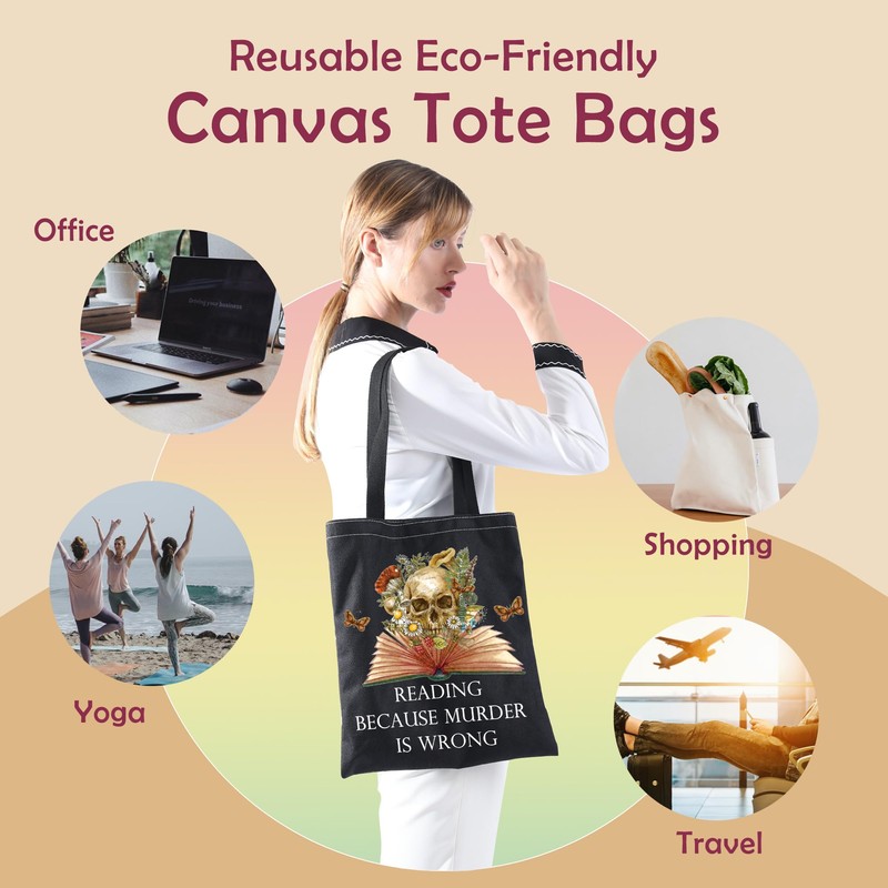 Skull tote bag Reading Because Murder Is Wrong Gifts For