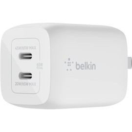 Belkin WCH013dqWH 65W PD Charger, USB-C 2 Ports, PPS Standard Compatible, GaN, Small AC Adapter, Type C, Rapid Charging, Lightweight [PD3.0 Compatible, PSE Technical Standards Compliant/Foldable Plug]