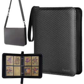 Fweel Deluxe Trading Card Binder: Premium 4-Pocket Album with 400 Loading Pockets, Ideal for Boys and Girls. Includes adjustable Shoulder Strap - Carry by Hand or Wear on Your Back Convenience (Black)