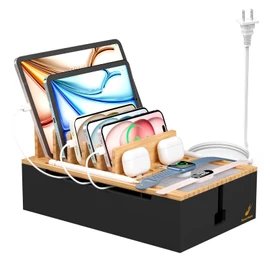Pezin & Hulin Bamboo Charging Station for Multiple Devices, USB Charger Dock Organizer, with Power Supply (10 Ports HUB), 6 Cables, Cable Management Organizer for Cell Phones, Tablets -Natural+Black