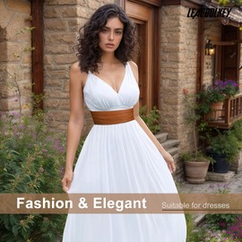 LEACOOLKEY Women Wide Leather Belt for Dress Chunky Elastic Stretchy Belt for Women Thick Obi Cinch Belt,Brown