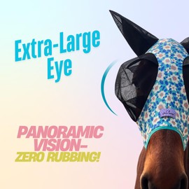 Horzmetnex Stretchy Horse Fly Mask with Ears，Extra-Large Eyes & Mane Opening – Soft, Breathable Fly Mask for Horses, Tangle-Free Design, Enhanced Visibility (Blue Flower, Cob (Medium))