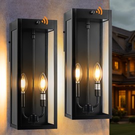 Sparluvix 16” Dusk to Dawn Outdoor Lighting, 2 Pack Black Modern Porch Outside Lights for House 2-Light, Photocell Sensor Exterior Patio Coach Wall Lanterns Outside Garden Sconce Lamps Waterproof E12
