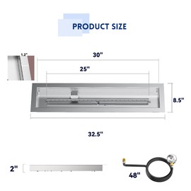 Skyflame 30" Linear Stainless Steel Fire Pit Drop-in Burner Kit with Flame Sensing, Electronic Spark Ignition, CSA Certified, and Propane Regulator Hose Set