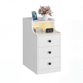 LIKIMIO Narrow Nightstand with Charging Station and LED Lights, Modern Night Stand, End Table with 3 Drawers, Open Shelf, Side Table for Living Room/Bedroom, White