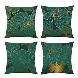 Geliking Sofa Cushion Covers 45cm x 45cm Linen Forest Green Cushion Covers Throw Pillow Case Dark Green and Gold Leaf Cushion Covers Replacement for Home Decor, 18x18 Inches, Set of 4