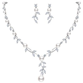 EVER FAITH CZ Cream Simulated Pearl Wedding Floral Vine Filigree Necklace Earrings Set Silver-Tone