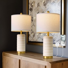 PoKat Small Bedside Table Lamps with USB Ports for Bedroom, 21.5'' White Nightstand Lamps for Night Stands, Modern Ceramic Bedroom Lamps for Living Room End Table, White and Beige
