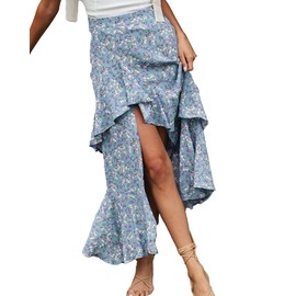 BTFBM - Falda larga de verano para mujer, estilo bohemio, con estampado floral, cintura elástica, con volantes, alta y baja, Z-Azul, Small