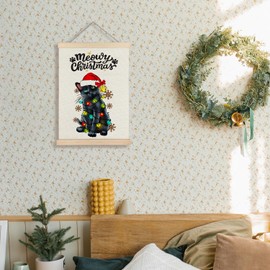 Supwhd Christmas Black Cat Wall Art, Christmas Cat Wall Decor, Merry Christmas Cat Pictures Wall Decor, Christmas Cat Art Wall Decor Framed 12x16 Inches