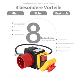 AIFIZO Emergency Stop Switch 3-Phase 400 V for Routers, Table Saws, Electric Drills, Band Saws, Machine Switch with 80 cm Cable, Motor Protection Switch 400 V