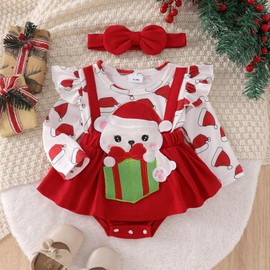 YINGISFITM Thanksgiving Baby Girl Outfit Turkey Romper Dress Long Sleeve Ruffle Onesie Fall Baby Thanksgiving Day Clothes (Red Xmas Dress, 6-9 Months)