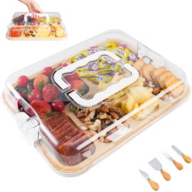 Charcuterie Board with Clear Locking Lid, Travel Portable Cheese Board Set, Bamboo Cutting Boards for Kitchen, House Warming Gifts New Home, Gifts for Women (White - 6 Compartments)