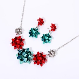 JERTOCLE Christmas Necklaces Earrings Set For Women Statement Xmas Gift Bow Collar Necklace Drop Dangle Earrings Set Holiday Jewelry Gift (gold red silver)