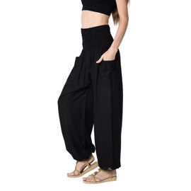 Tranquil Threads High-Waisted Yoga Pants, 100% Rayon, Boho/Harem Style with Pockets – Comfortable for Yoga or Casual Wear (US, Alpha, Large, Regular, Regular, Pitch Black)