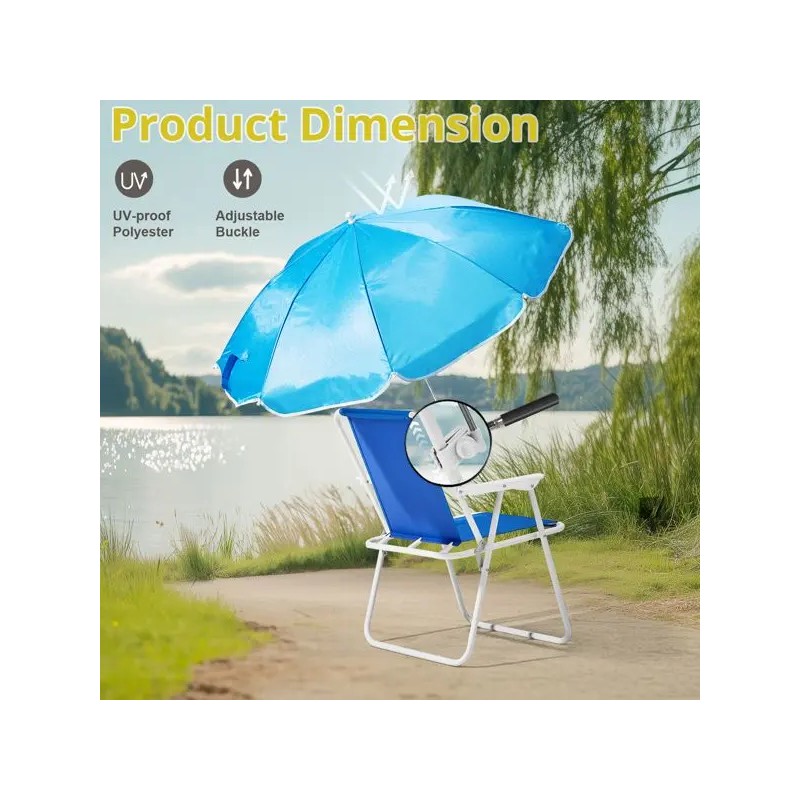 Blue Folding Beach Chair With Umbrella Aluminum Frame Lightweight Portable