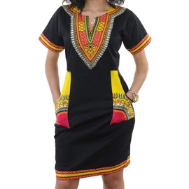 Womens Bohemian African Print Dashiki Dresses Knee Length Jamaican Outfits Boho Dresses Blackyellow