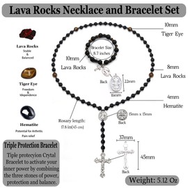 Rosary Beads Catholic, 8mm Lava Rocks Rosary Black Beads Necklace with 10mm Lava Rocks St Benedict Cross Bracelet, Rosarios Catolicos Triple Protection Necklace Bracelet Jewelry Sets Catholic Gifts