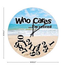 Funny Gift for Retirement Clock for Wall Who Cares I'm Retired Beach Wooden Decorative Clocks City Souvenir Gift Clocks Silent Non-Ticking Battery Clocks for Kitchen Bedroom 12inch