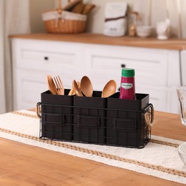 NIKKY HOME Farmhouse 3 Compartment Flatware Cutlery Caddy Countertop Silverware Holder for Spoons, Knives, Forks - Black