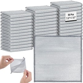 Akamino 50 Pcs Double Wet and Dry Wire Dishcloth, Multipurpose Stainless Steel Wire Dishwashing Rags, Double Layer Metal Kitchen Cleaning Pads for Cookware, Sinks, Dishes, Stove Tops-Non-Scratch