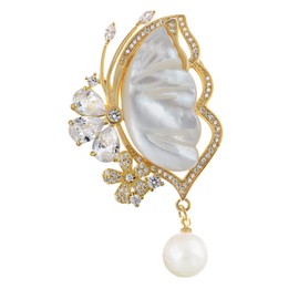 Alilang Women'S Zircon Rhinestone Crystal Butterfly Brooch Pins Sea Fritillaria Pearl Elegant Scarf Shawl Accessories, Gold