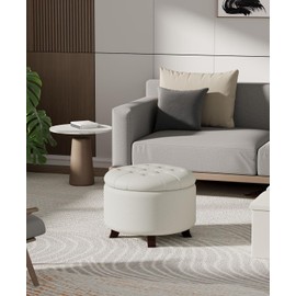 OS MOTOR Ottoman,Round Leather Foot Rest Stool, Upholstered Large Ottoman Chair with Storage for Living Room & Bedroom, Decorative Home Furniture, White