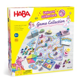 HABA Unicorn Glitterluck 9 Game Collection - Board Game Collection Fun Kids Games 4-8, Unicorn Toys & Games for Family Game Time