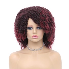 Hanne Fashion Short Kinky Curly Wigs Ombre Burgundy Side Part Wig Afro Bomb Curly Wig Heat Resistant Fiber Kinky Synthetic Full Wigs for Black Women (1B Burgundy)
