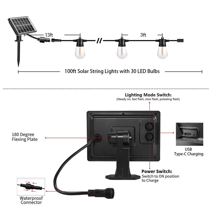 SUNTHIN 100ft Solar String Light Outdoor, USB Rechargeable Patio Solar