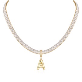sineed Bubble Letter Necklace Gold Tennis Necklaces for Women 14K Gold Plated Cubic Zirconia Chunky Custom Name Necklace Gold Jewelry for Women (Gold-A)