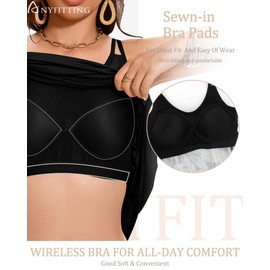 ANYFITTING Built in Bra Summer Dresses for Women 2025 Midi Flowy Hawaiian Casual Dress with Pockets Floral Sundresses for Beach Vacation Outfits (Solid Black,Large)