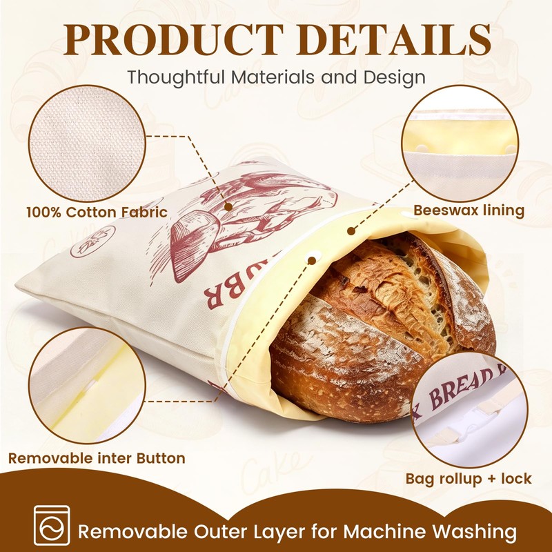 NEOACT Removable Beeswax Bread Bag with Bread Knife for Sourdough