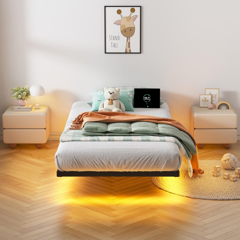 HAVONIZD Floating Bed Frame Twin with LED Lights and Charging